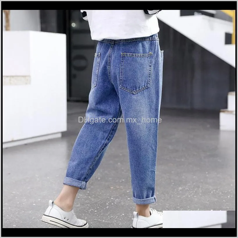 girl`s denim trousers children`s belt jeans 4-14 years old korean fashion high waist vintage girl harem denim pants for teenage 201204