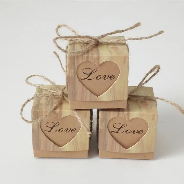 2021 nouvelle boîte à bonbons coeur romantique Kraft sac cadeau avec ficelle de jute Chic faveurs de mariage coffret cadeau fournitures 5x5x5cm
