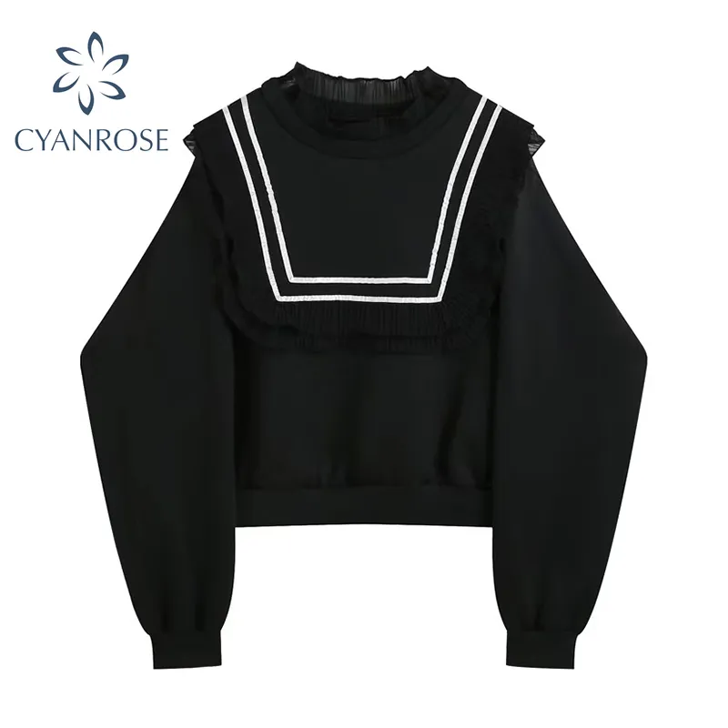 Sweatshirts élégants femmes coréen douce noire épissure carrée carrée pull air pull-shirt de sudwear tops femelle vintage hoodie fille 210417