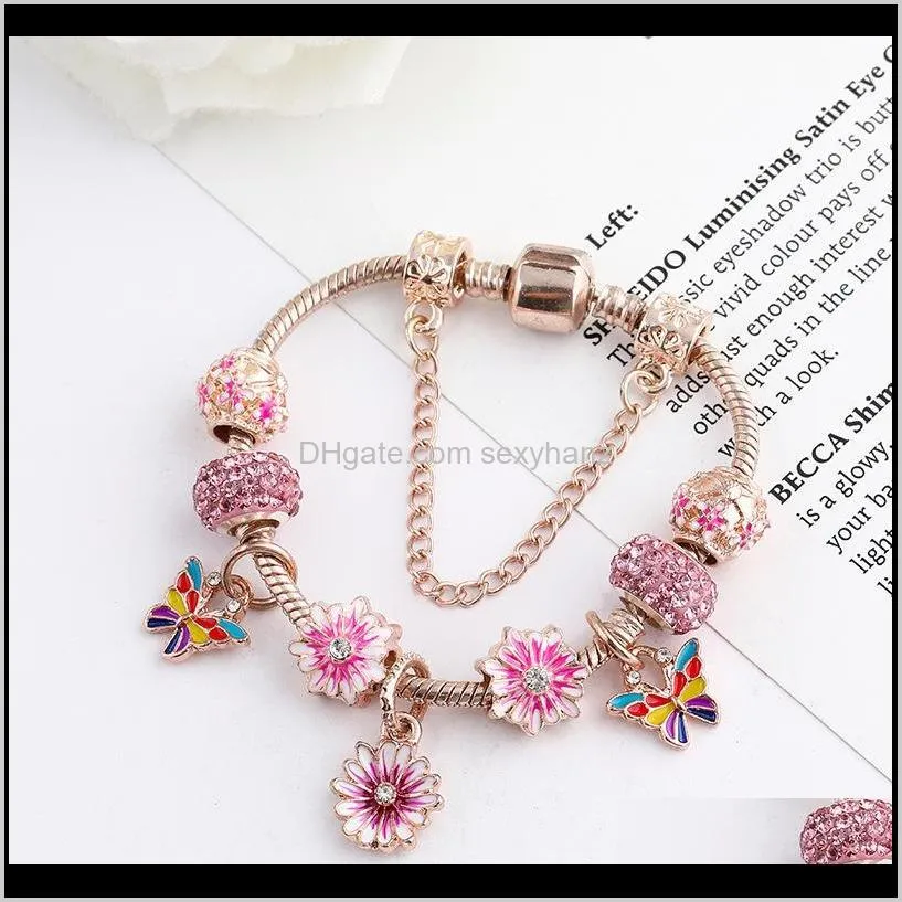 fashion luxury diamond crystal diy european glass beads butterfly flower charm designer chain bangle bracelet for woman girls silver