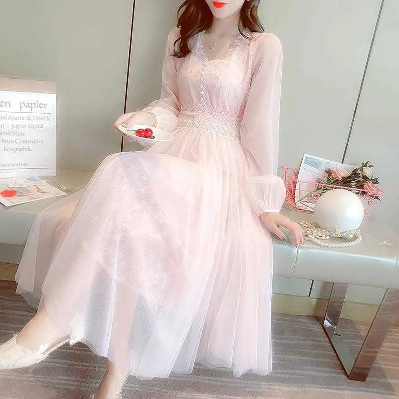 Elegant Lace Long Sleeve Dress Sweet Fairy Women Mesh Midi Korean Lady Birthday Party Clothing Spring 210604