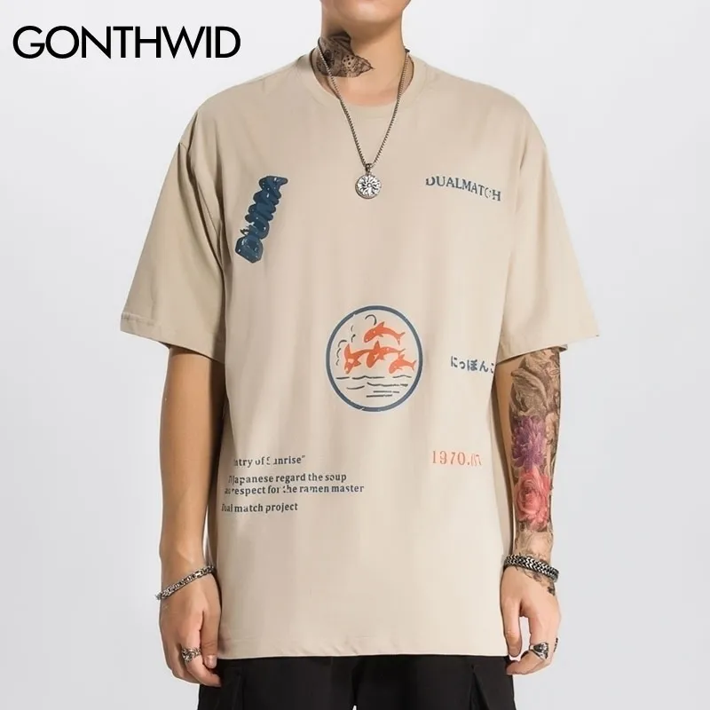 GONTHWID Baleines Imprimer T-shirts à manches courtes Harajuku Casual Streetwear T-shirts Hommes Hip Hop Summer Fashion T-shirts Tops Mâle 210410