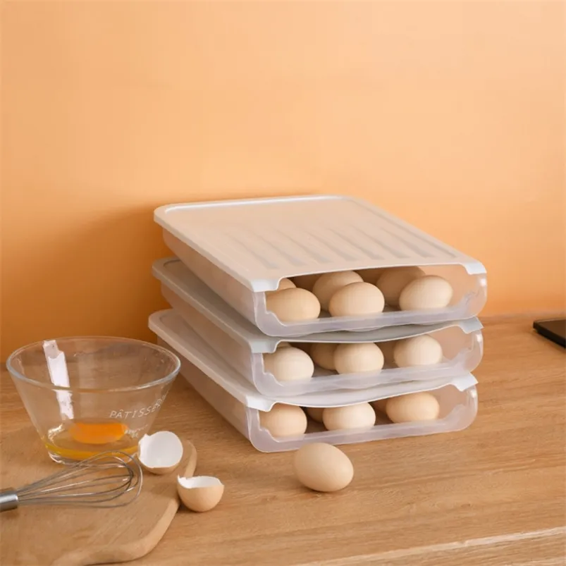 Kök Tillbehör 18 Grid Transparent äggfack Kylskåp Förvaringslåda Automatisk rullande plast Matbehållare 210423