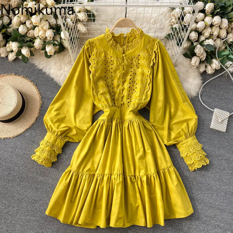 Nomikuma Lace Patchwork Women Dress Single Breasted Stand Neck Korean Dresses Slim Waist A-line Ruffle Vestidos De Mujer 6G025 210427