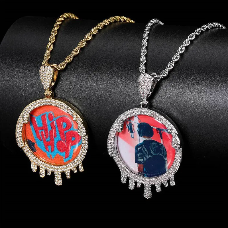 Laatste hiphop iced out round water drop custom fotolijst hanger ketting micro ingelegd zirkoon persoonlijkheid creatieve DIY sieraden