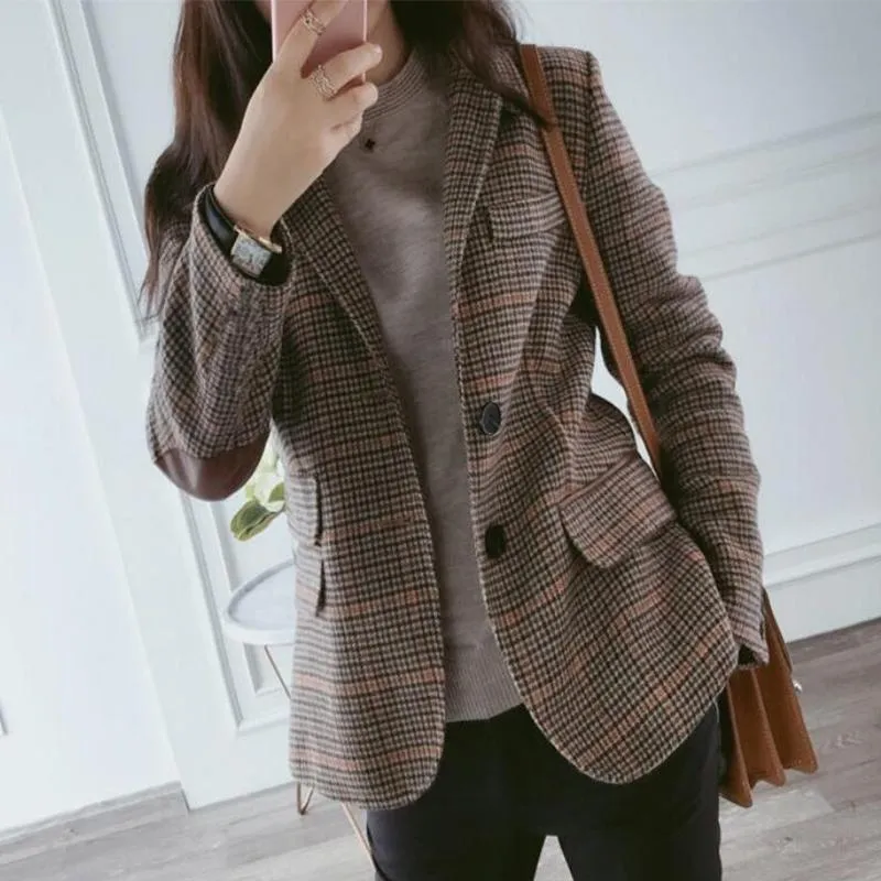 Vintage Women Plaid Blazers Autumn Jacket Patchwork Classic Suit Formal Lady Single Breasted Outwear A82901 Kvinnors kostymer