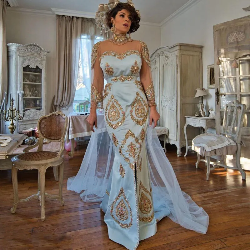 Robes de mère élégantes bleu clair pour mariage dentelle Appliques gland robe formelle avec Cape cristal sirène robe Caftan marocain 326 326