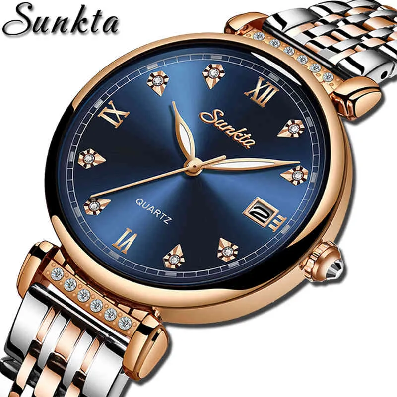 SUNKTA Femme Montres Or Rose Top Marque De Luxe Montre Femmes Quartz Étanche Femmes Montre-Bracelet Dames Filles Montres Horloge 210517