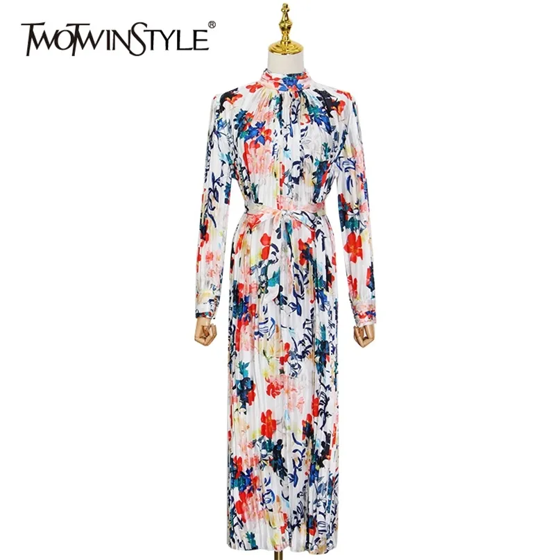 Élégant imprimé robe plissée pour les femmes col montant à manches longues ceintures Slim Maxi robes femme printemps mode 210520