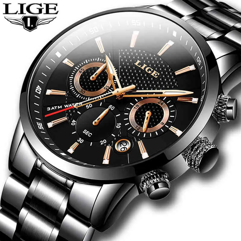 Lige Hommes Montres Top Marque De Luxe D'affaires Quartz Montre Hommes Sport Militaire Étanche Robe Montre-Bracelet Noir Relogio Masculino Q0524