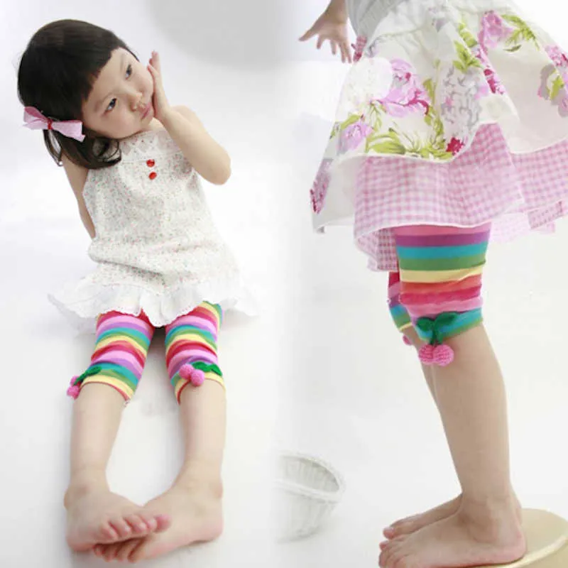 Summer 2 3 4 5 6 7 8 9 10 Years Cute Baby Child Clothing Colorful Rainbow Knee Kids Girl Striped Calf-Length Leggings 210529