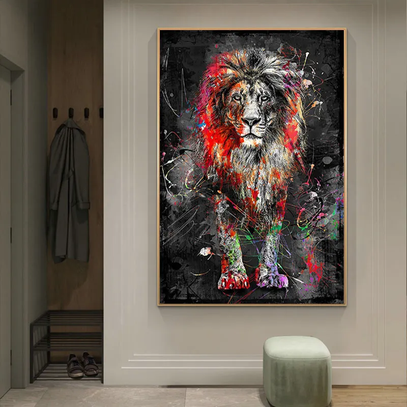 カラフルなライオングラフィティキャンバス絵画抽象的な動物の壁アート
