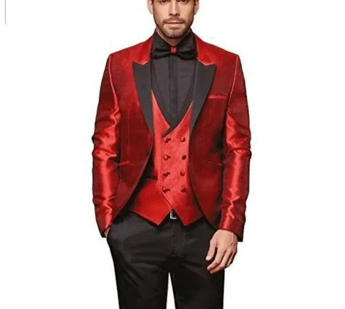 TNew Design One Button Bright Red Groom Tuxedos Peaked Lapel Groomsmen Suit Men's