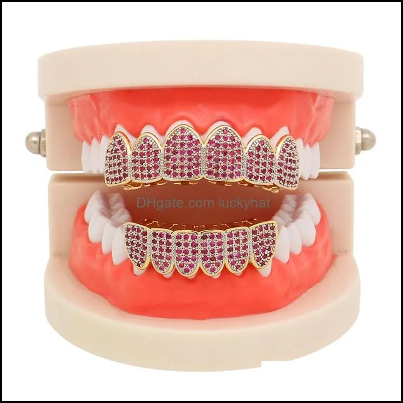 Rose Red Cubic Zircon Teeth Grills Set Golden Hip Hop Iced Out Mouth Grills Top&Bottom Dental Grills Drop Shipping