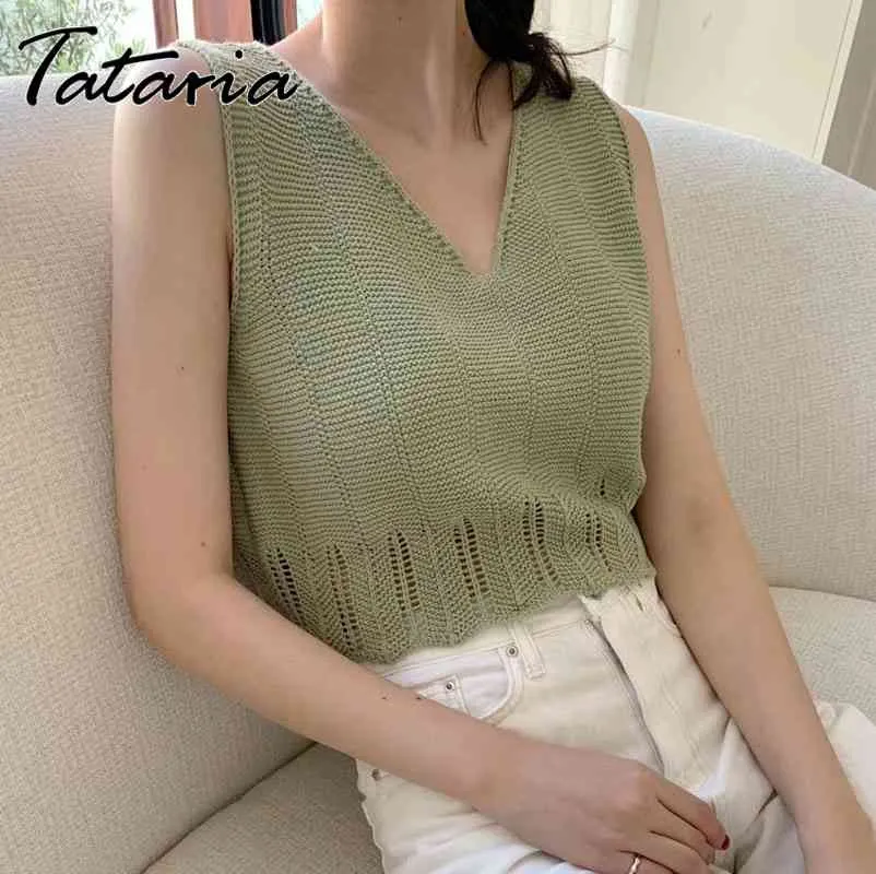 Gestrickte Tank Tops Aushöhlen Koreanische Sommer Frauen Lose Feste Weste Einfache Damen Slim Sling V-ausschnitt Sexy Kurze Top weibliche 210514