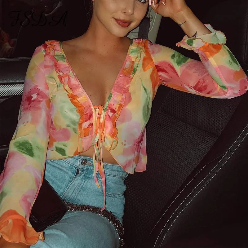 Women's T-Shirt Y2K Floral Print Long Sleeve Crop Top Women Ruffles Shirts 2021 Summer Spring Casual V Neck Bandage Beach Sexy Wrap T