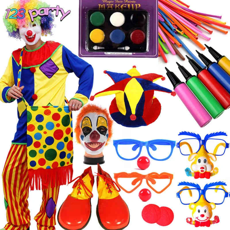 Clown decoratie accessoires, pruiken, maskers, schoenen, halloween decoraties, interessante verjaardagsfeestjes,
