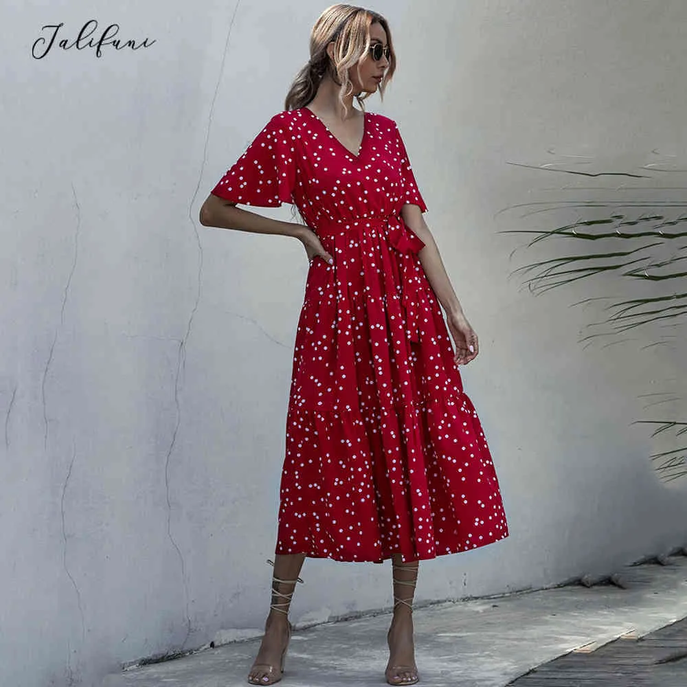 女性の夏のカジュアルロングドレスポリカドット花のプリントMidi Sundresses黒のエレガントなフィット服赤のドレス210415