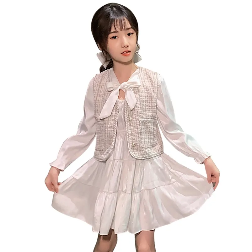 여자 옷 체크 무늬 조끼 + 드레스 복장 큰 활 소녀 의류 봄 가을 어린이 6 8 10 12 14 210527