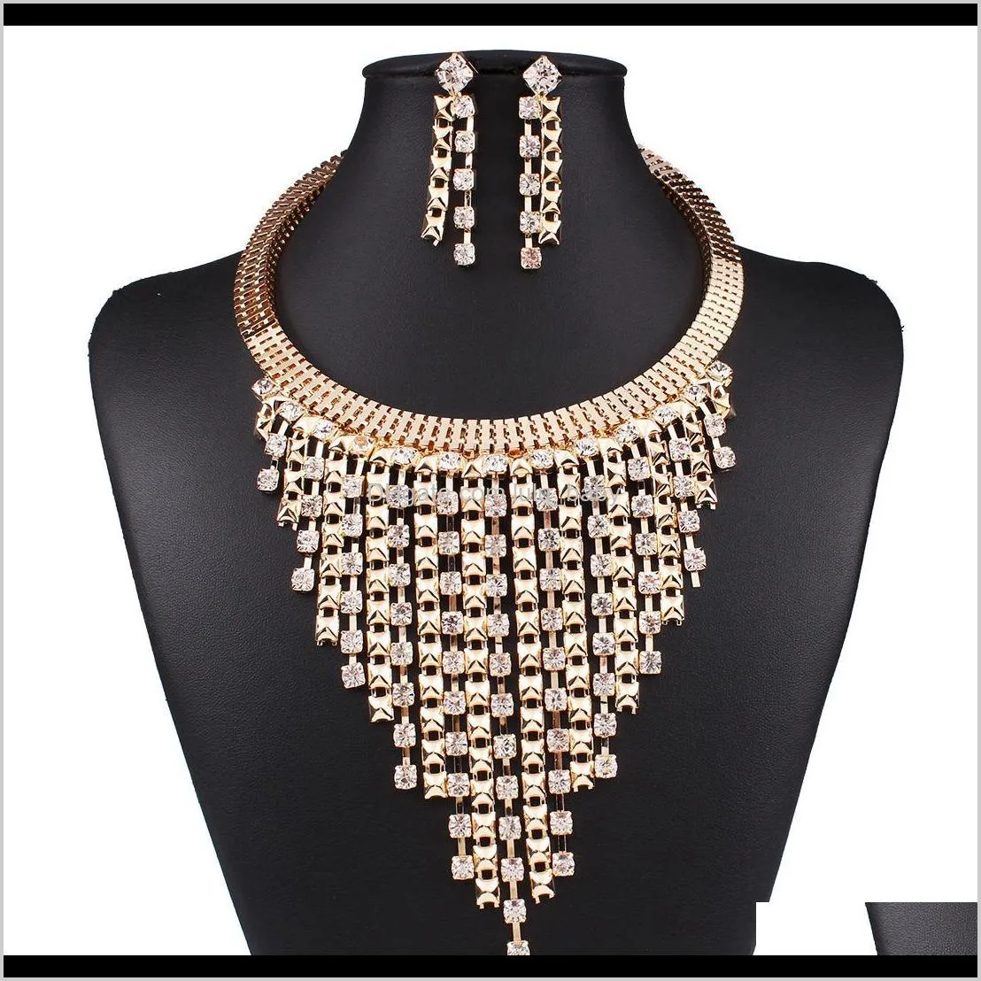 n3589 new street photo same creative fashion multi-layer tassel inlaid diamond necklace earring collar jewelry