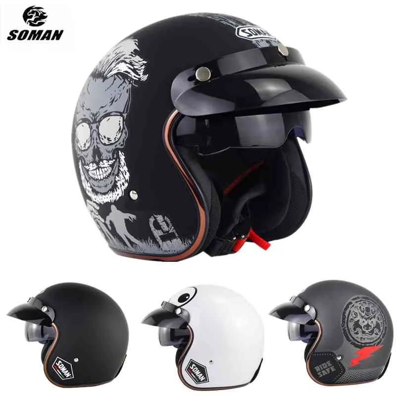 SOMAN 3/4 Casco de motocicleta Retro clásico doble visera Dot aprobado medio cascos Chopper Casco capacete Moto cara abierta