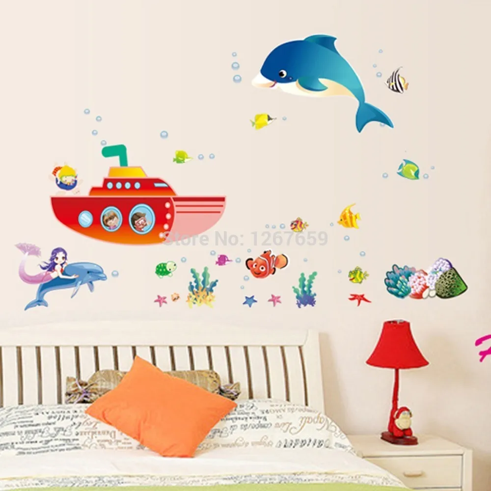 Ankomst Heminredning Dolphin Mermaid Ship Bedroom / Parlor Background Wall Sticker 210420