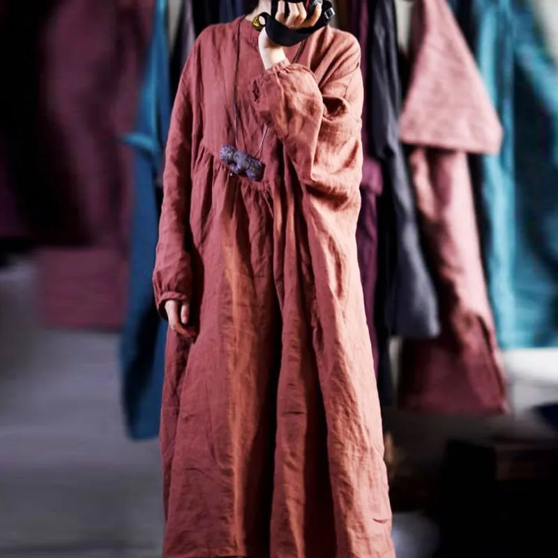 Johanature осень зима хлопчатобумажная льняная ретро подставка с длинным рукавом плюс размер платья свободно удобное 4 цветное платье женщин 210521