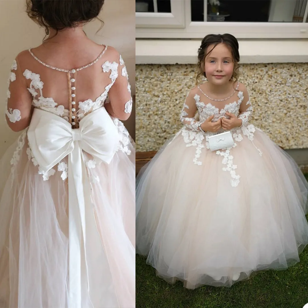 Lovely Lace Flower Girls Dress 3D Floral Appliques Children Birthday Party Dresses Ball Gown Wedding Prom Formal Wear