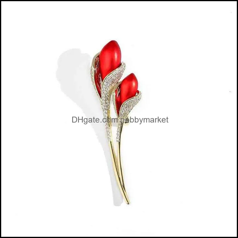 Luxury brooch Korean new fashion elegant tulip Brooch Pin full of drill red flowers dress ornaments