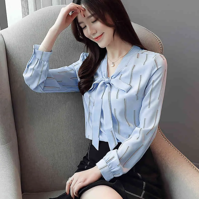 Camisa Chiffon Mulheres Tops Coreano Escritório Curva Manga Longa Blusas Moda Azul Listrado Camisa 800i 210420