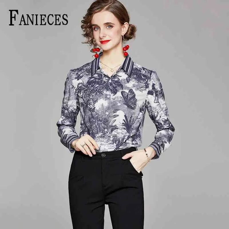 Spring Summer Fall Fashion Runway Vintage Gray Print Blusas Women Ladies Party OL Casual Tops Shirts Blouse blusas de mujer 210520