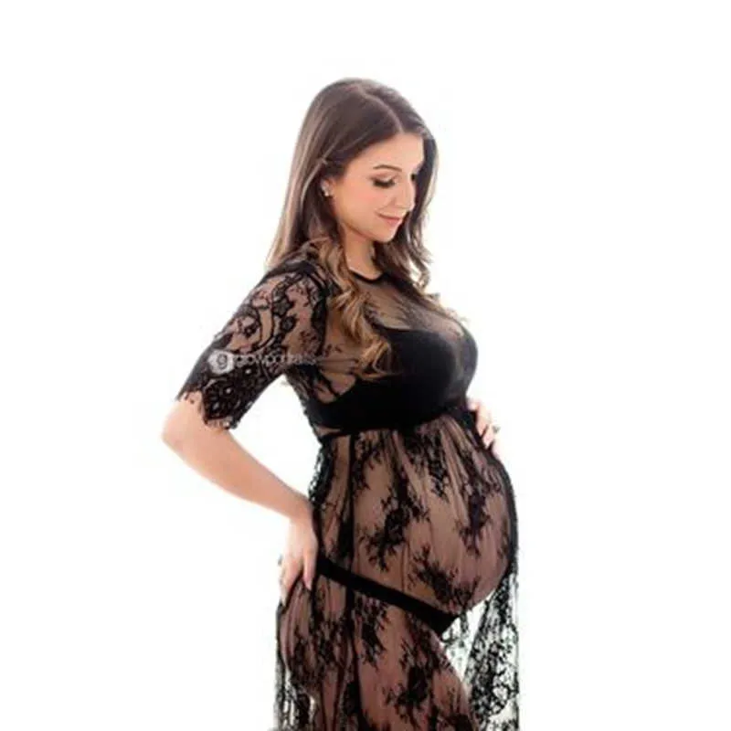 Sommar moderskap klänningar spets rund nacke sleepwear klänning för fotografering gravida kvinnor klänningar fancy maternity foto skytte q0713