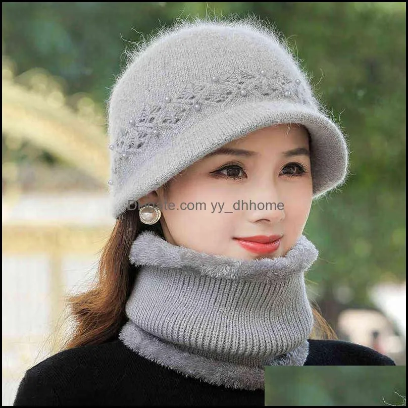 Women Winter Hat Keep Warm Cap Hat & Scarf Set Fashion Hats For Women Casual Rabbit Fur Outdoor Knitted Bucket Hat 211228