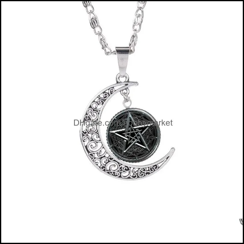 New Five-pointed star pendant necklaces Hollow Moon cabochons Glass Moonstone Pentagram necklace For women&Men witchcraft Jewelry