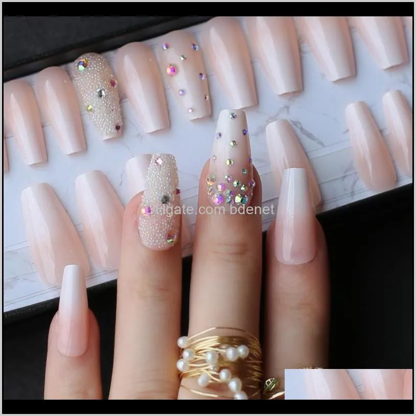 handmade ombre gel nude coffin reusable press on nails box pink acrylic nails uv bling 3d crystal ballet fasle