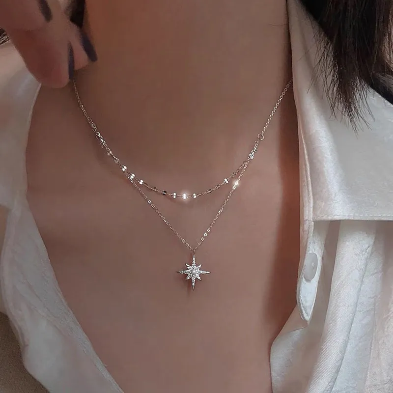 Korean Fashion Multi-Layer Moon Star Pendant Halsband Multielayer Clavicle Halsband Kvinnor Guld Elegant Smycken Partihandel
