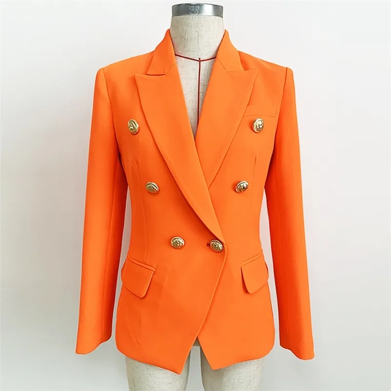 Высокое качество EST дизайнер Blazer женские кнопки льва двойной погружной куртку неоновый оранжевый 210826