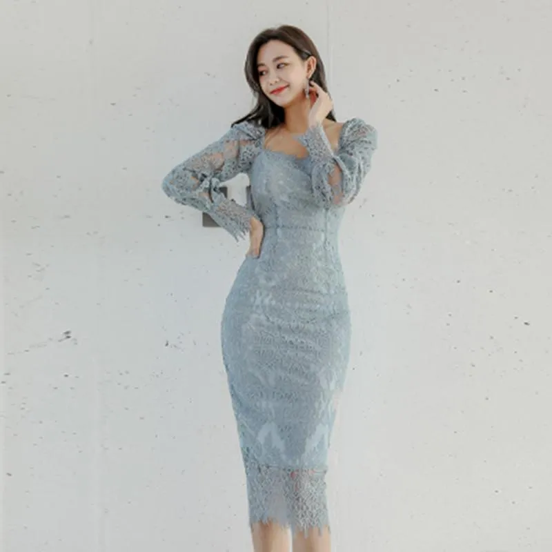 Koreansk Elegant Ljus Blå Lace Dress Puff Sleeve Square Neck Slim Formal Party Club 2021 Vår Höst Casual Klänningar