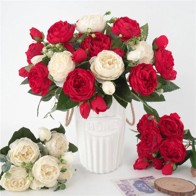 Flores decorativas grinaldas 1pc Buquê artificial de flor de seda de seda 5 cabeças grandes e 4 brotos falsos rosa para casamentos de festas em casa decoração