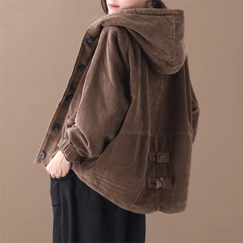 Arts Style Autumn Winter Women Long Sleeve Loose Cotton Corduroy Coats Vintage Hooded Casual Jackets Top quality S381 210512