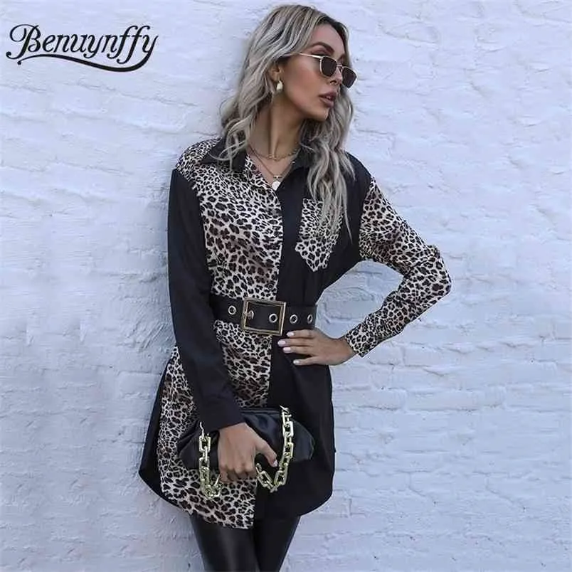 Turndown Collar Leopard Color Block Long Shirt Women Spring Sleeve Button Up Casual Blouse Without Belt 210510