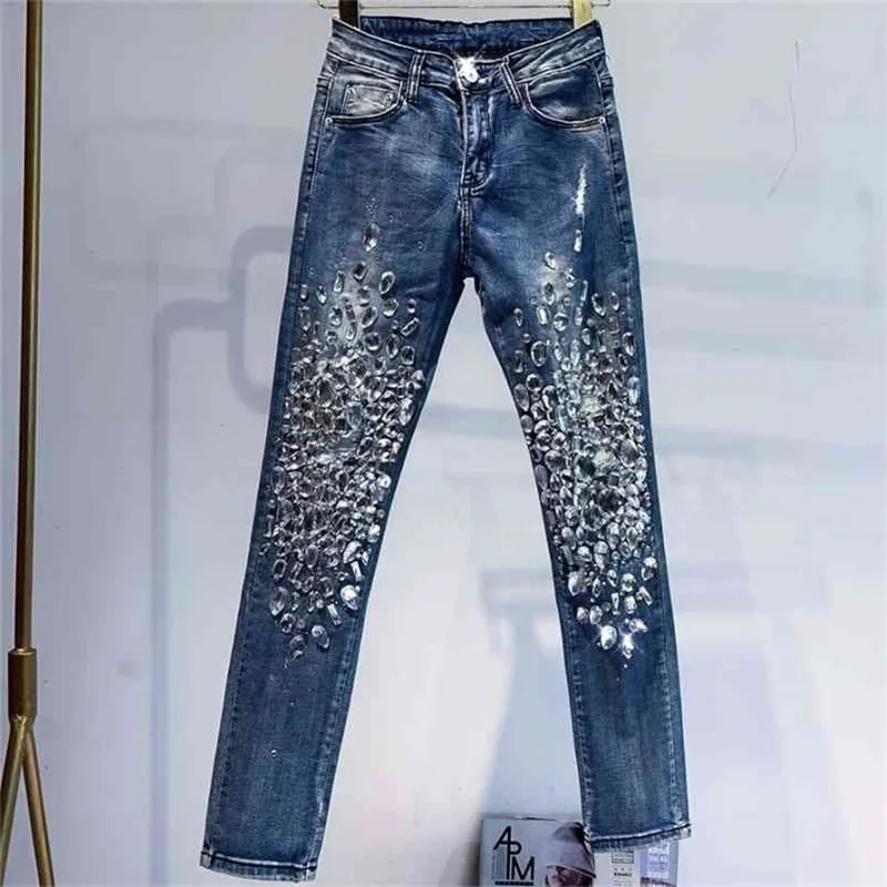 Moda Vintage Plus Size Mulheres Luxo Bordado Flares Diamante Denim Jeans Frisado Lápis Skinny 210809