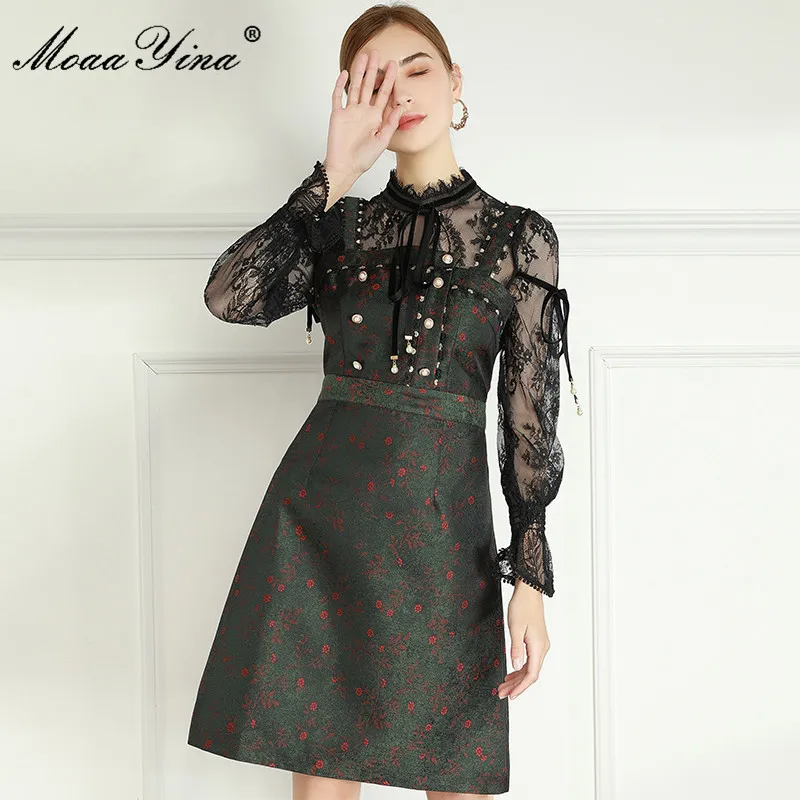 Zomer mode ontwerper jurk vrouwen sexy zwart mesh kant patchwork lange mouw bloemen print A-lijn mini vestidos 210524