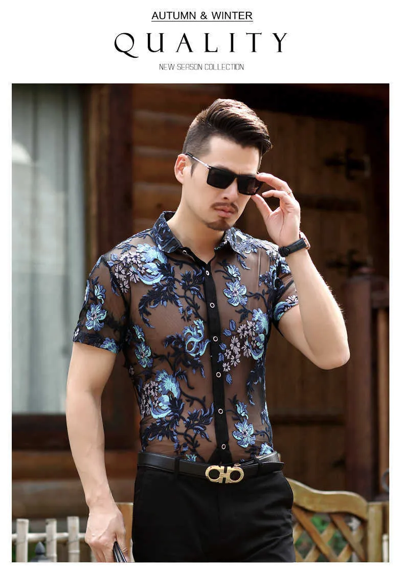 トップス SHEER FLOWER SHORT SLEEVE SHIRTS Men Sexy Short Sleeve See Through Floral Mesh Shirt Muscle