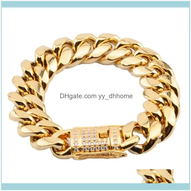 8/10/12/14/6/18MM Fashion Jewelry Stainless Steel Gold Color  Cuban Curb Chain Men Women Bangle Bracelet Top Crystal Buckle