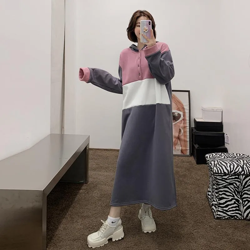 Günlük Elbiseler [EWQ] 2021 Sonbahar Kış Kadın Gevşek Patchwork Panelli Uzun Kollu Minimalist Hoodie Düz Kazak Elbise 8D621