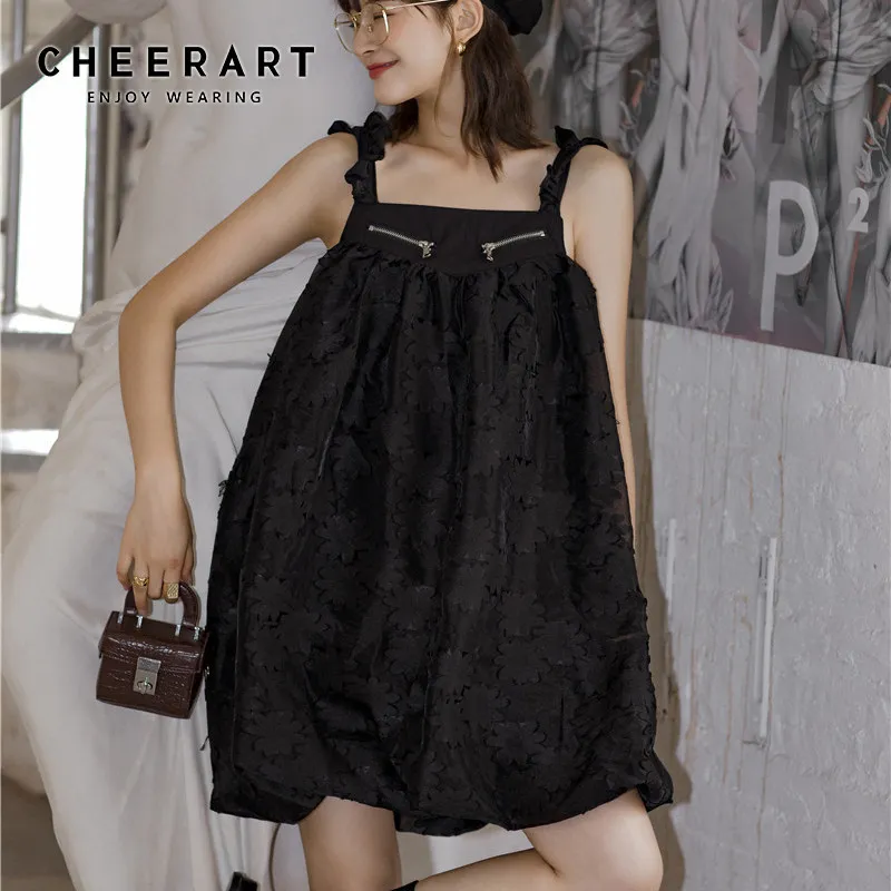 Mesh Jacquard Black Spaghetti Strap Dress Kvinnor Zipper Mini Ball Kappa Koreanska Slip Sommarkläder 210427