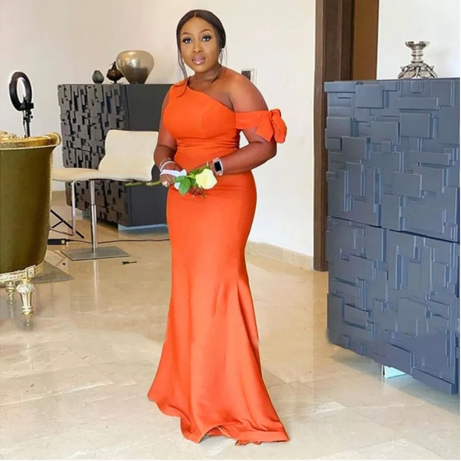 orange mermaid bridesmaid dresses Asymmetrical Rusty Off Shoulder Slit Jersey Mermaid Bridesmaid Dress
