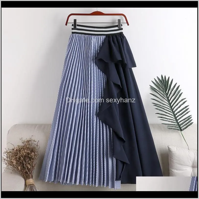 autumn korean style women long striped blue pleated skirt elastic waist ruffles patchwork female a-line stylish party skirts