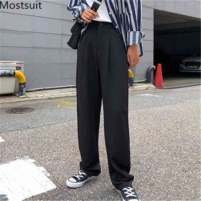 Chic Lose Gerade Hohe Taille Breite Bein Hosen Hosen Frauen Büro Business Anzug Weibliche Koreanische Mode Lange Hose 210513